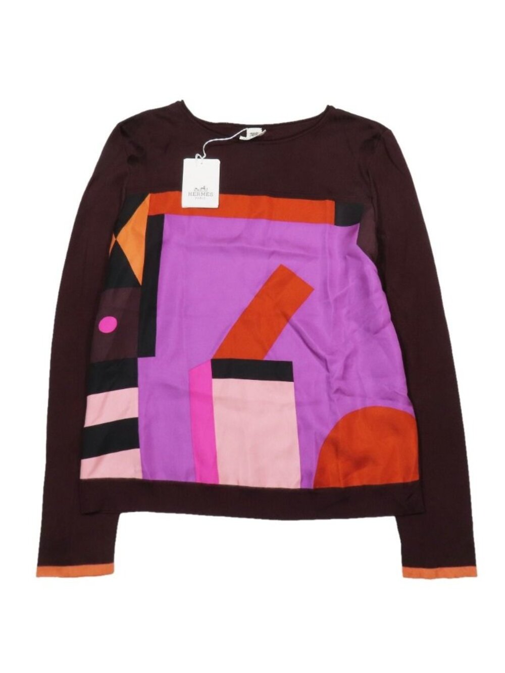 Hermes Twillaine Knit Silk Long Sleeve Geometric Pattern Top Brown Sweater 34